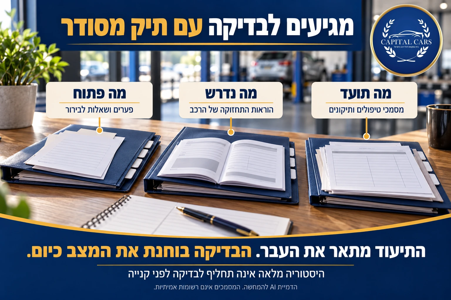 שלוש תיקיות להמחשת ההכנה לבדיקה: מסמכי טיפולים ותיקונים, הוראות תחזוקה ופערים ושאלות לבירור, על שולחן במוסך.