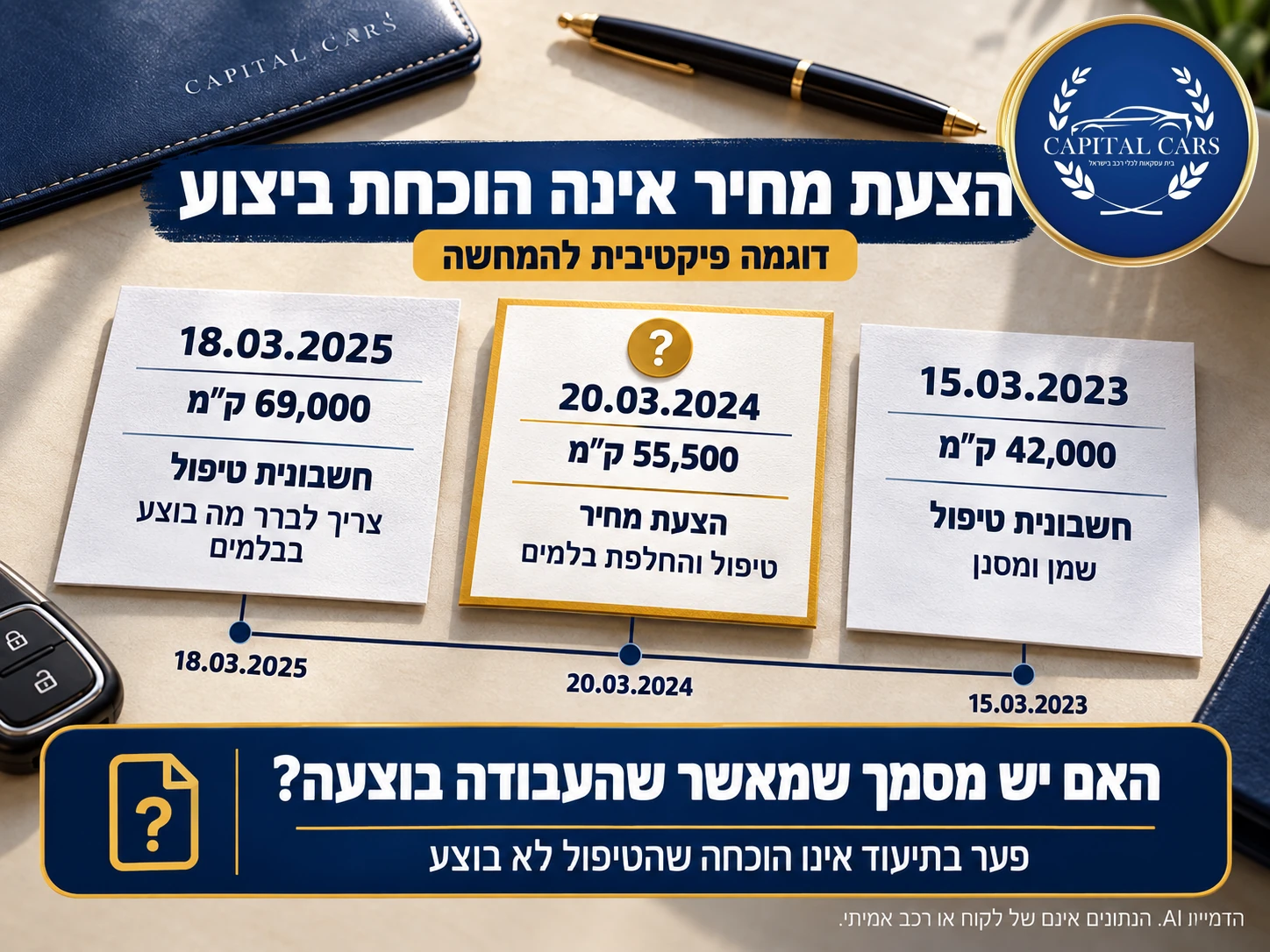 ציר זמן פיקטיבי של מסמכי טיפול מ־2023 עד 2025, ובמרכזו הצעת מחיר מ־2024 שאינה מוכיחה שהטיפול והחלפת הבלמים בוצעו.