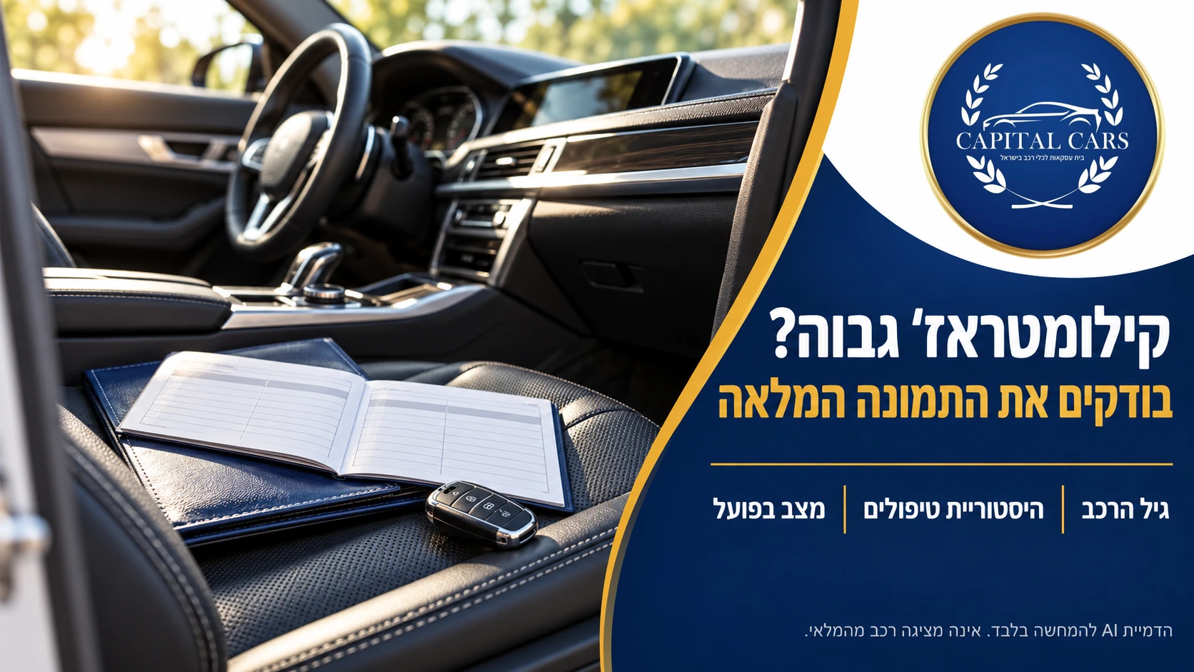 הדמיה של תא נוסעים עם מחברת ומפתח, לצד המסר: קילומטראז׳ גבוה בוחנים יחד עם גיל הרכב, היסטוריית הטיפולים והמצב בפועל.