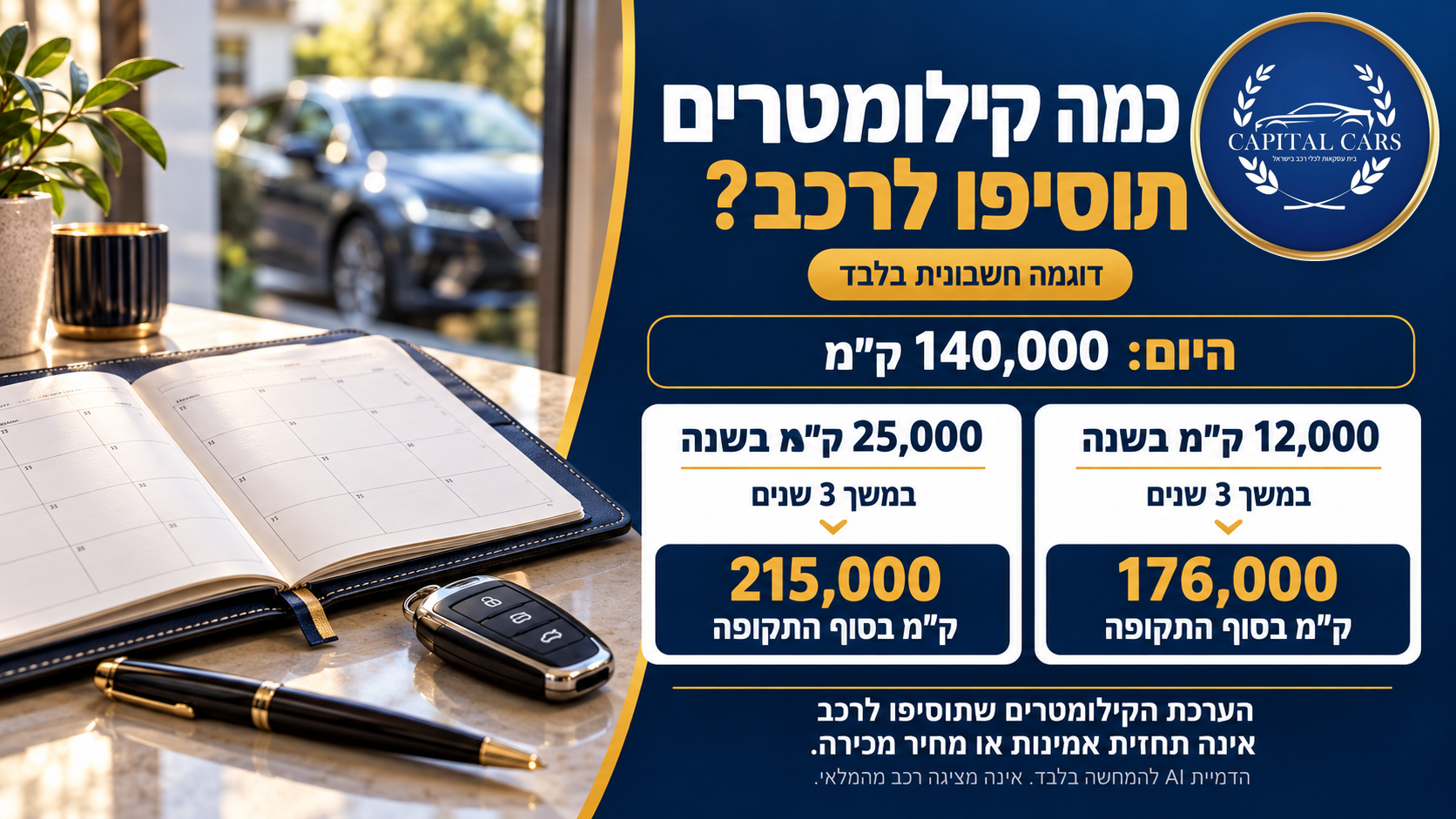הערכת הקילומטרים שתוסיפו לרכב — דוגמה חשבונית: רכב עם 140,000 ק״מ יגיע לאחר שלוש שנים ל־176,000 ק״מ בנסועה שנתית של 12,000, או ל־215,000 בנסועה של 25,000.