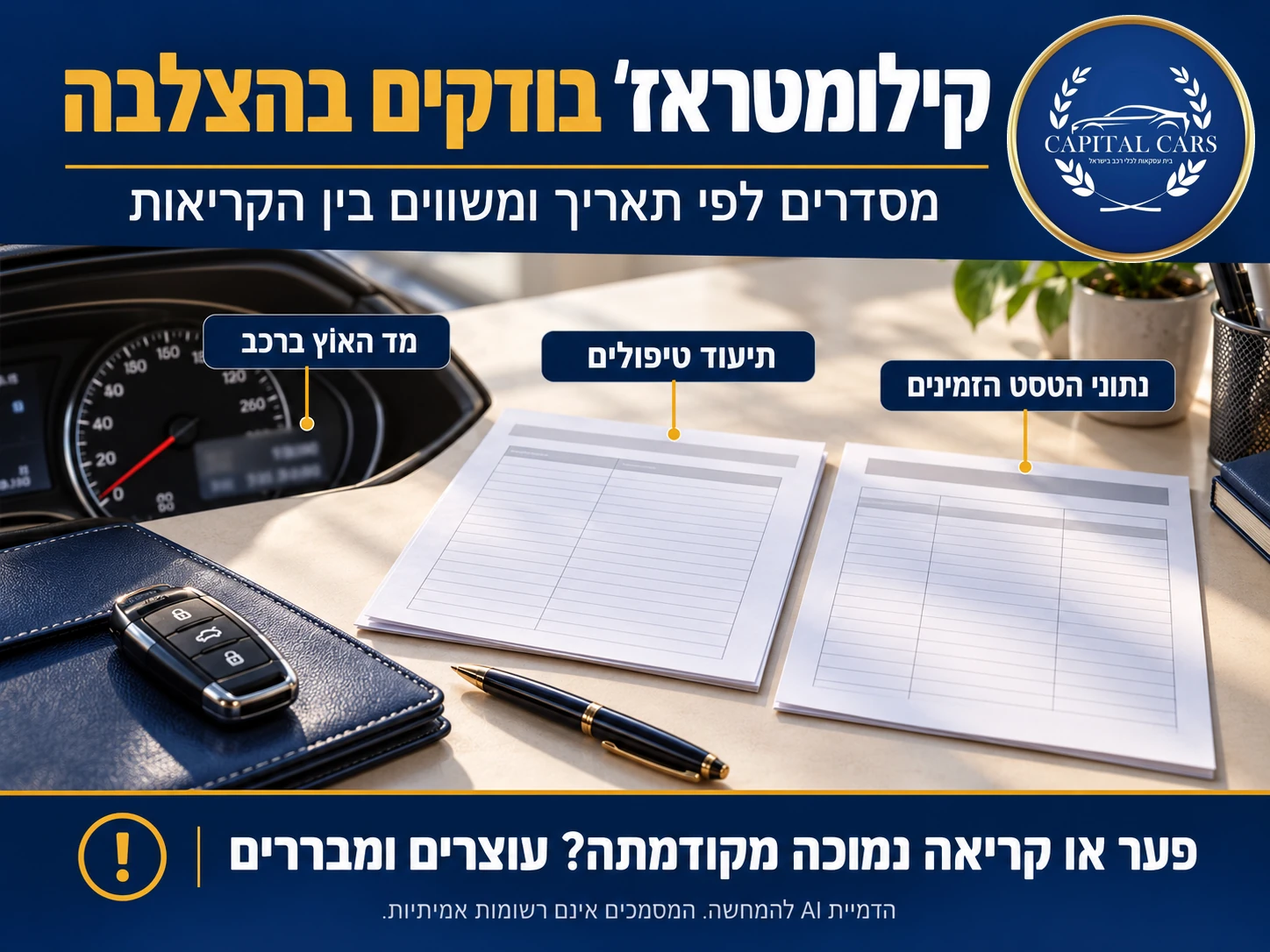 המחשת הצלבת קילומטראז׳ בין מד האוץ, תיעוד טיפולים ונתוני טסט זמינים, עם מסמכים ומפתח על שולחן.