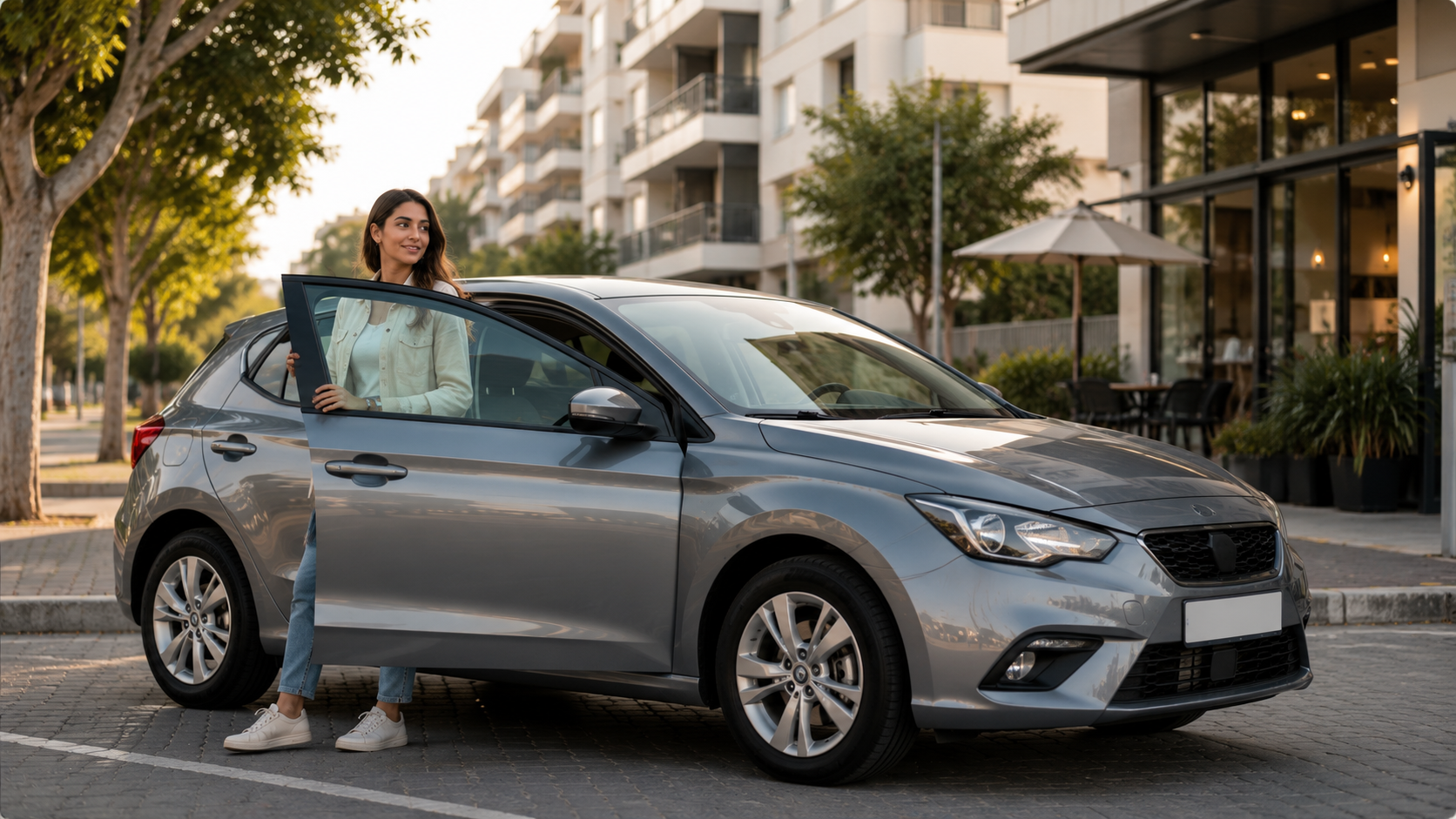 נהגת צעירה לצד רכב קומפקטי אפור